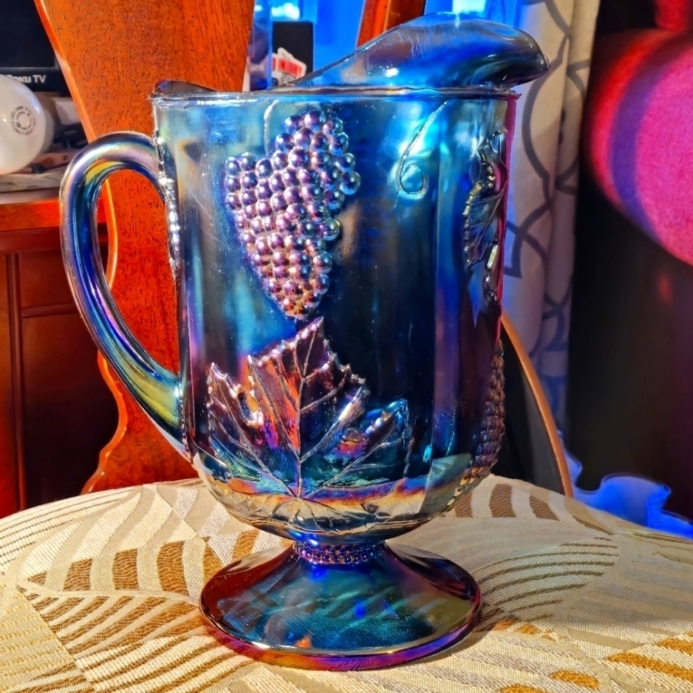 Indiana Glass "Harvest Grape" Iridescent Blue Carnival Glass Pitcher -Colors-WoW